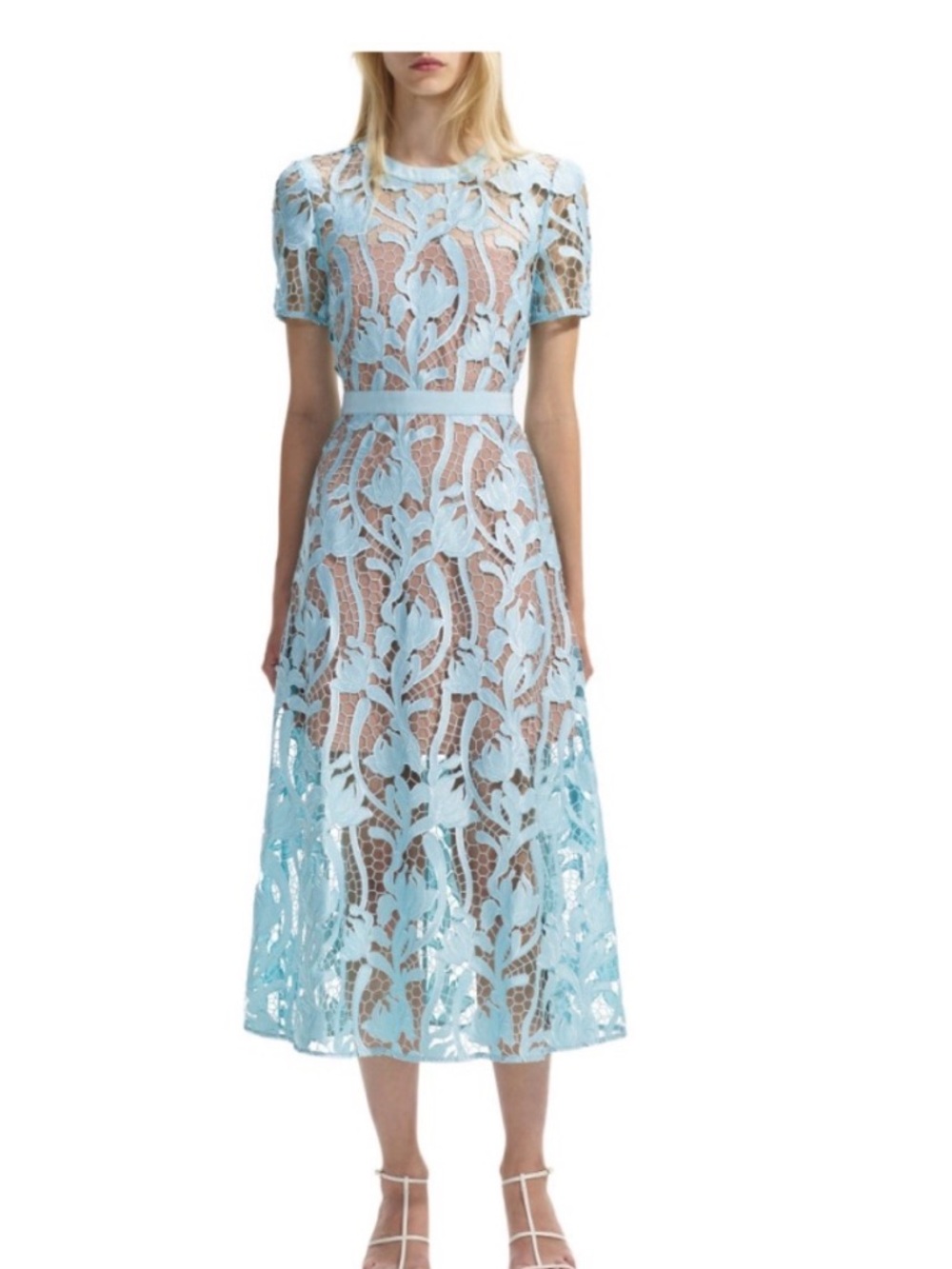 Self-Portrait Powder Blue Lace Midi Dress with Floral Appliqué